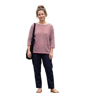 Marimekko Red Blue Striped Tasaraita Boxy Pocket Top 3/4 Sleeve Small
